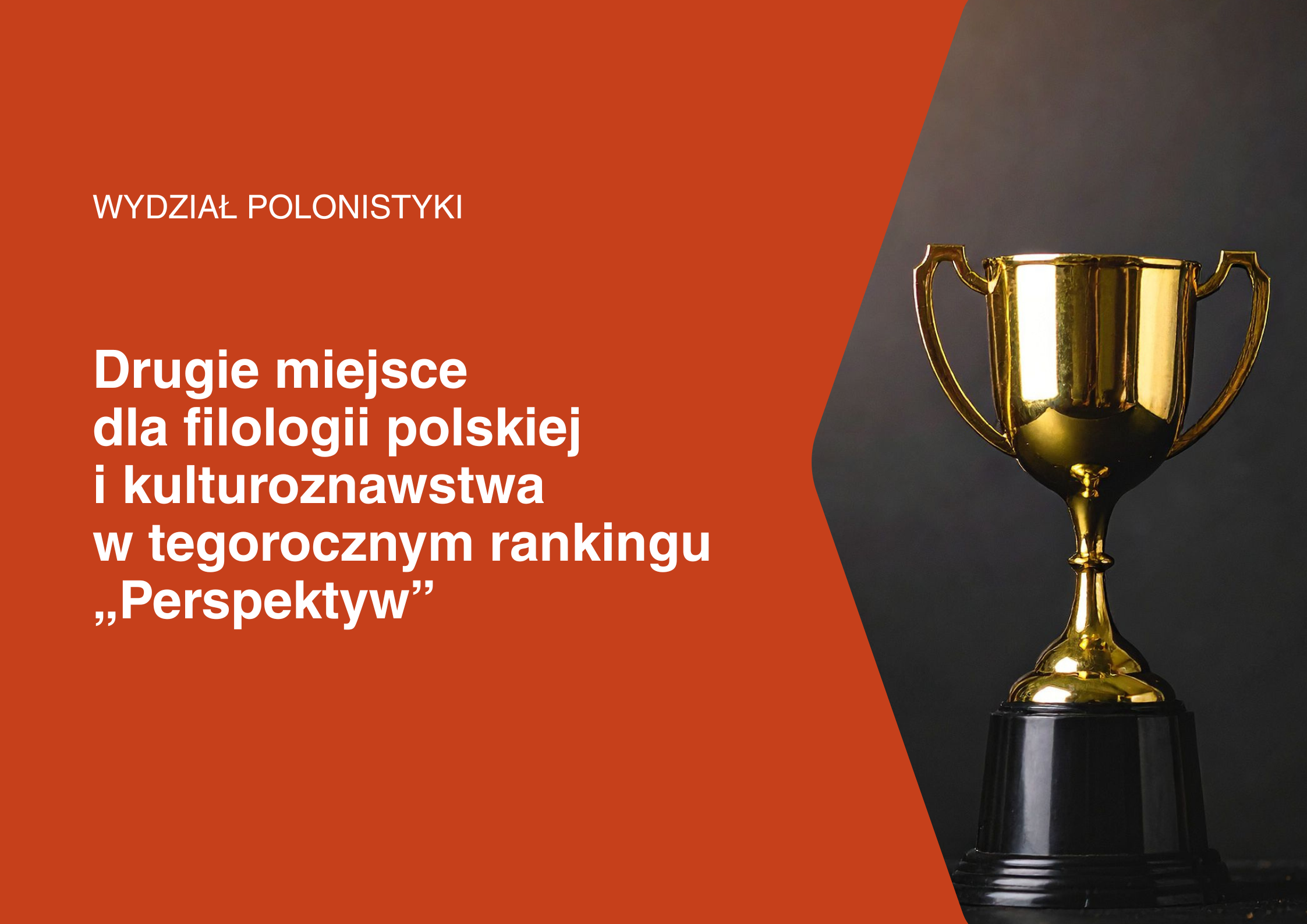 Grafika z pucharem i informacją o II miejscu filologii polskiej i kulturoznawstwa w rankingu "Perspektyw".